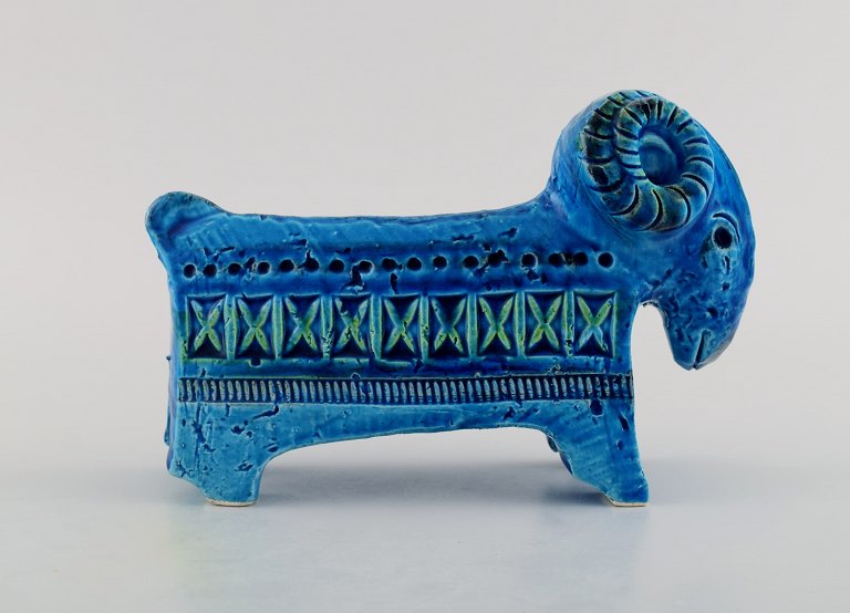Aldo Londi for Bitossi. Ram in Rimini-blue glazed ceramics with geometric 
patterns. 1960s.
