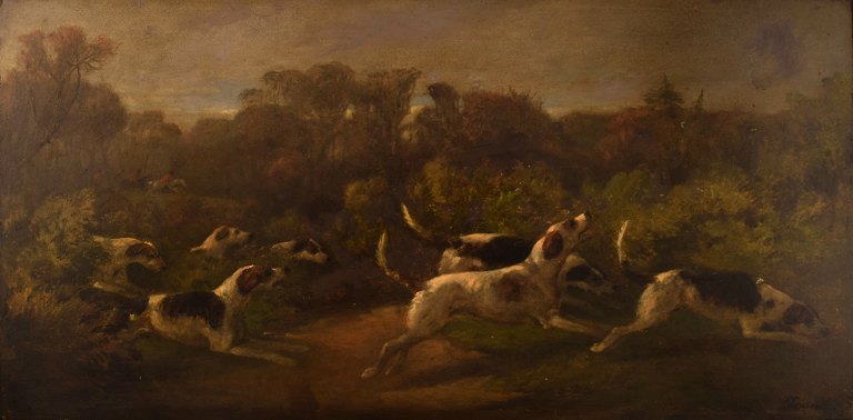 British artist. Oil on board. Fox hunt. Late 19th century.
