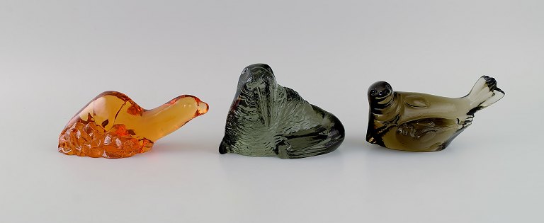 Paul Hoff for Swedish glass. Three figures in mouth-blown art glass. Walrus, 
seal and sea lion. WWF. Mid-20th century.
