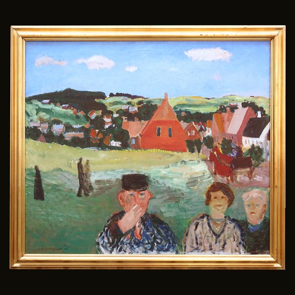 Jens Søndergaard, 1895-1957, oil on canvas. "The Village". Signed and dated 
1935. Visible size: 99x114cm. With frame: 114x129cm