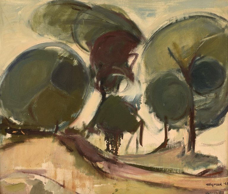 Ragnar Högman (1891-1976), Sverige. Olie på lærred. Modernistisk landskab med 
træer. Dateret 1963.
