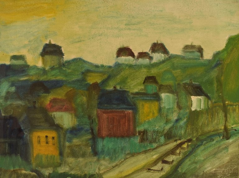 Svend Aage Tauscher (1911-1984), Dansk kunstner. Olie på lærred. Modernistisk 
landskab med huse. Dateret 1962.

