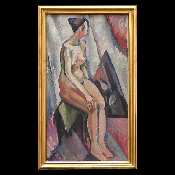 William Scharff, 1886-1959, Öl auf Leinen. Kubistisches Porträt von einer Frau. 
Signiert um 1915-20. Lichtmasse: 80x44cm. Mit Rahmen: 89x53cm