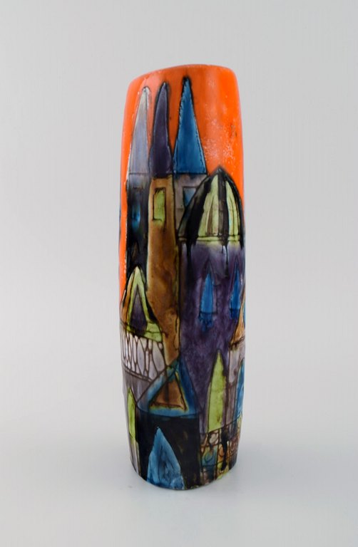 Elio Schiavon (1925-2004), Italy. Unique vase in glazed ceramics with 
hand-painted city motif. 1960s.
