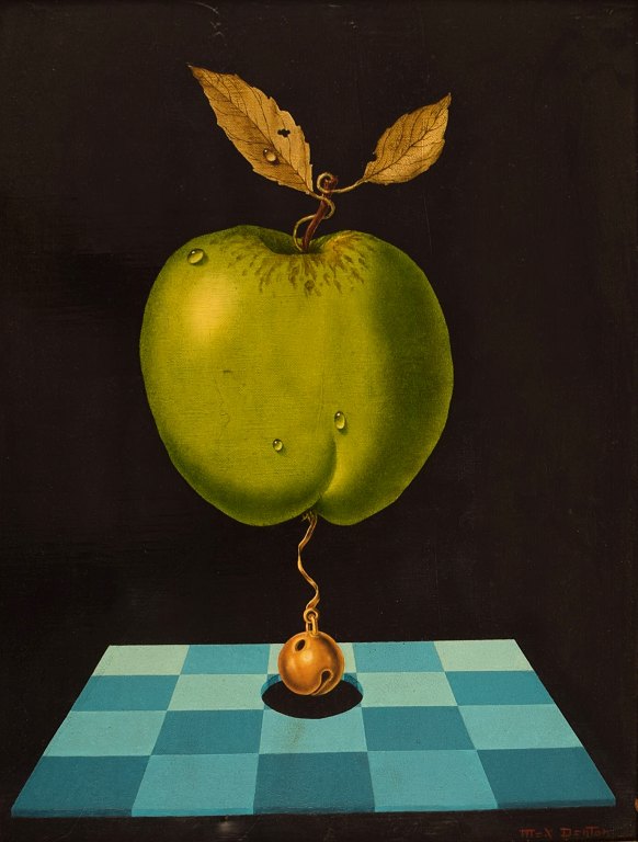 Max Danton, French artist. Oil on canvas. Surreal still life. 1980s.
