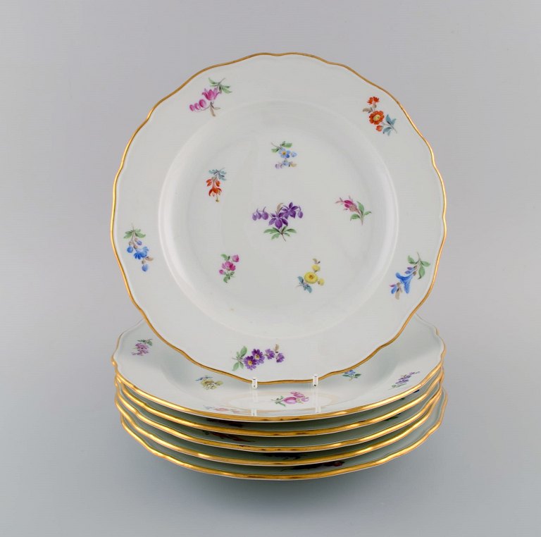 Seks antikke Meissen porcelænstallerkener med håndmalede blomster og guldkant. 
Tidligt 1900-tallet.
