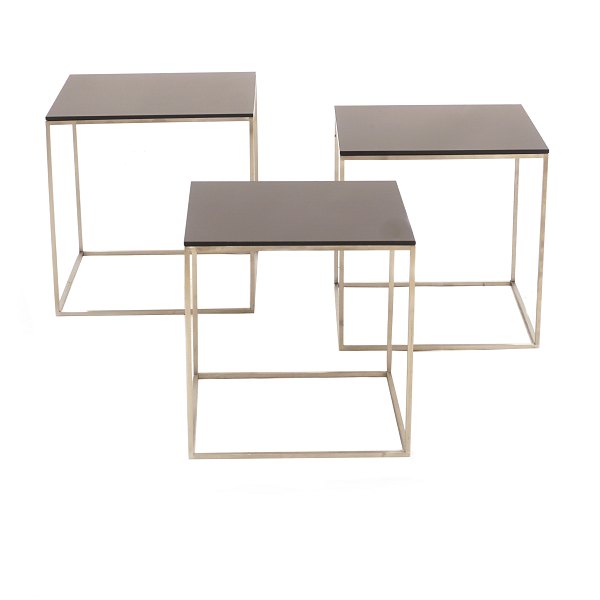 Poul Kjærholm PK set of 3 small tables. Steel with acrylic tops. H: 25, 27 & 
28cm. Tops: 25,5x25,5, 27x27 & 28,5x28,5cm