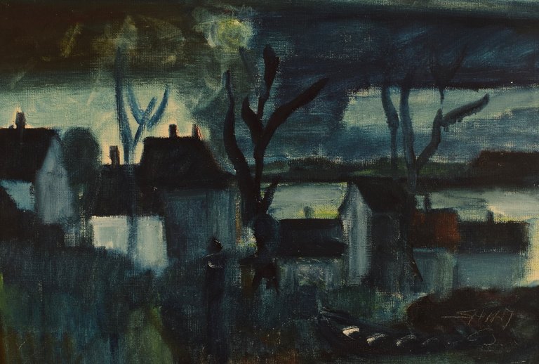 Svend Aage Tauscher (1911-1984), Danish artist. Oil on canvas. Modernist 
landscape with full moon. Dated 1963.
