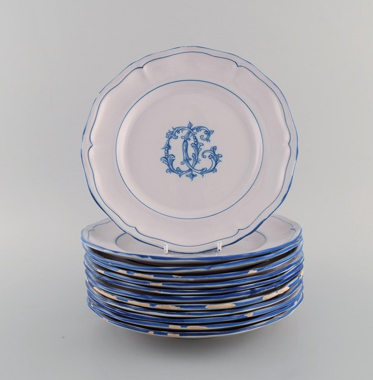 Emile Gallé for St. Clement, Nancy. Twelve antique plates in hand-painted 
faience. 1870s / 80s.
