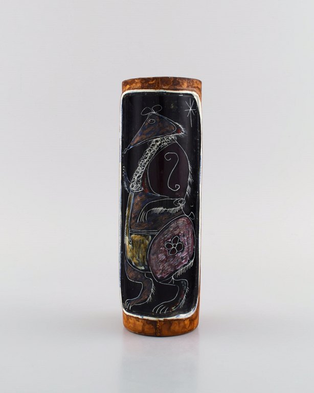 Fidia, Italy. Vase in leather covered ceramics with hand-painted rat. 1960s.
