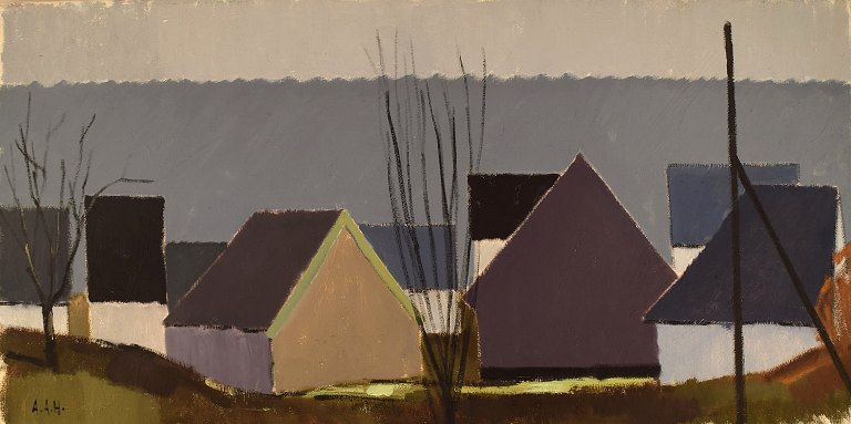 Arne A. Hansen (1922-2009), Danmark. Olie på lærred. Modernistisk landskab med 
huse. 1970