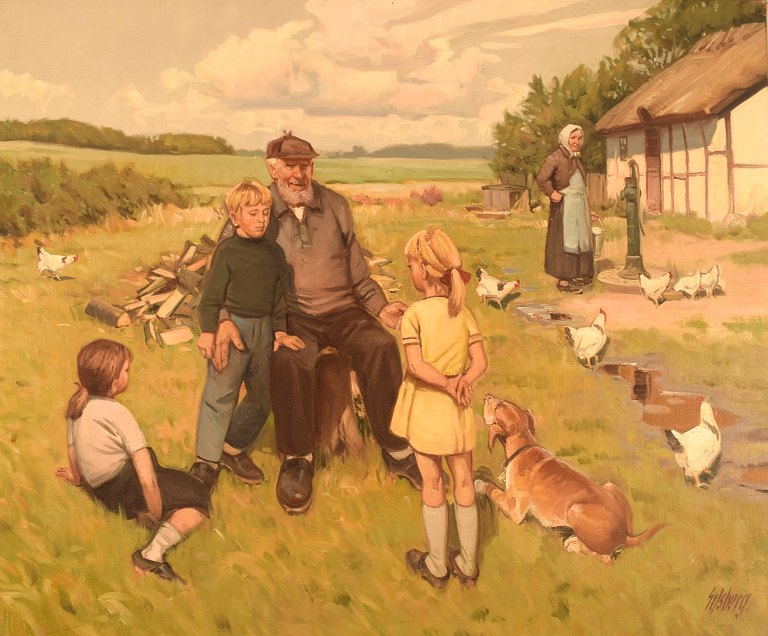 Knud Edsberg (1911-2003), Danish artist. Oil on canvas. Idyllic summer with the 
grandparents. Mid-20th century.
