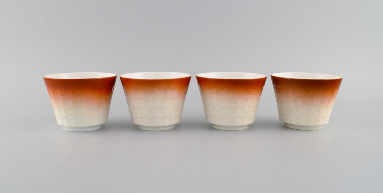 Wilhelm Kåge for Gustavsberg. Four art deco herb pots in glazed porcelain. 
Swedish design, 1960s.
