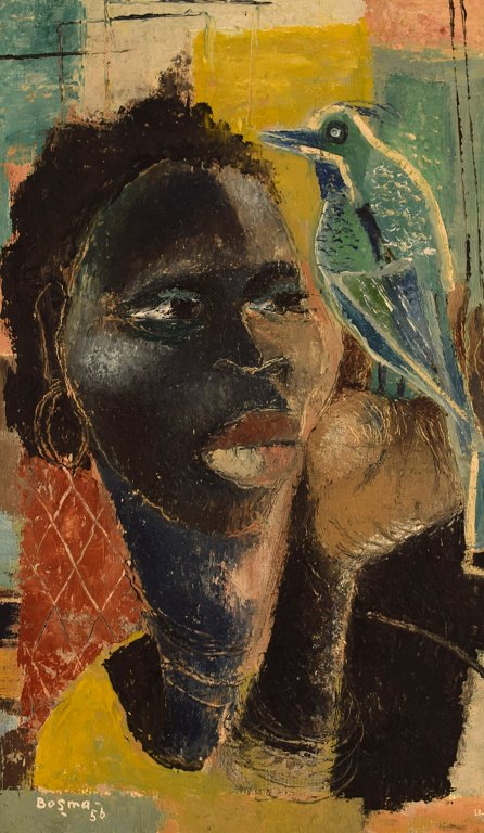 Wim Bosma (1902-1985), Holland. Olie på plade. "Black woman - green bird". 
Dateret 1956.
