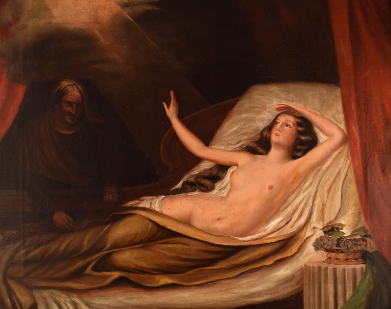 Ubekendt kunstner. Olie på lærred. Nøgen kvinde på seng. 1800-tallet.
