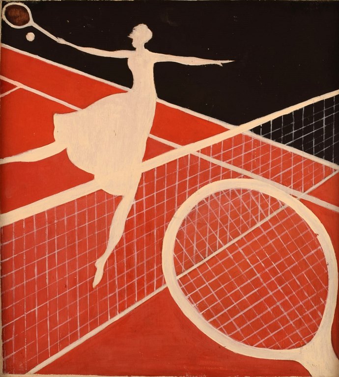 Ubekendt kunstner. Olie på plade. Kvinde spiller tennis. Art deco, midt 
1900-tallet.
