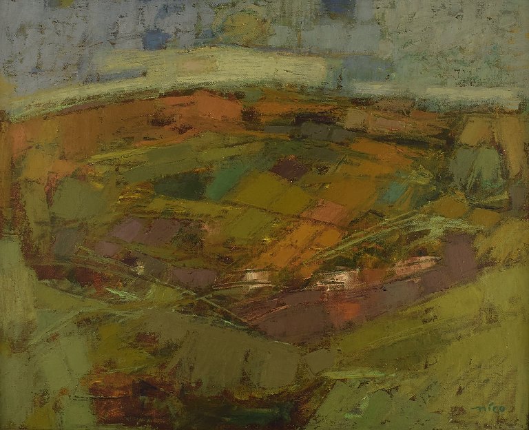 Oscar Nicolaisen (1912-1988), listed Danish artist. Oil on canvas. Modernist 
landscape. Dated 1978.
