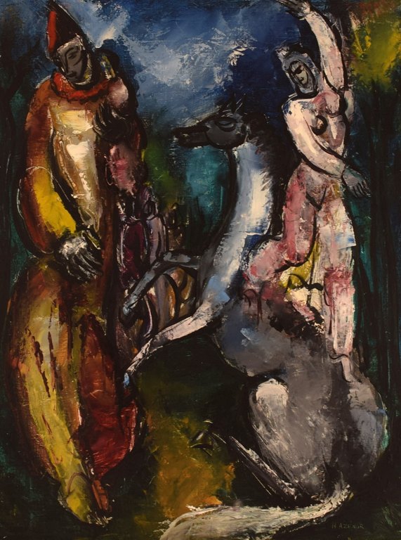 Hélène Azenor (1910-1999), fransk kunstner. Olie på lærred. Abstrakt 
cirkusscene. 1970