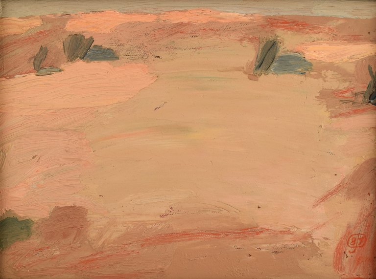 Carl Johan Damm, listed Swedish artist. Oil on board. Modernist landscape. Dated 
1987.
