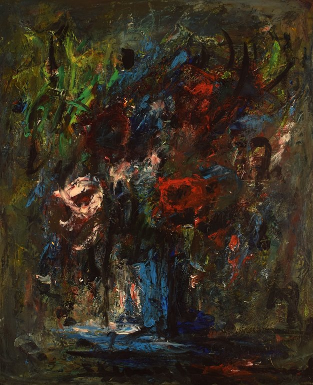 Unknown French artist. Oil on canvas. Abstract composition. "Les roses". Dated 
1972.
