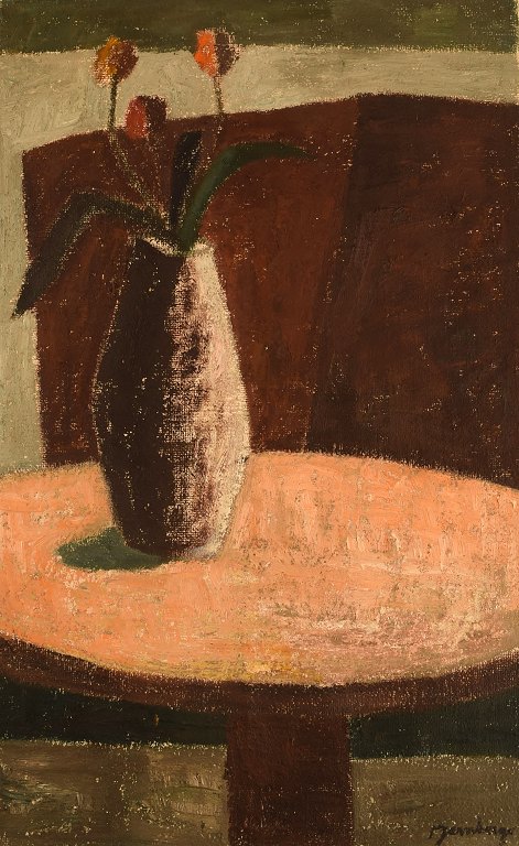 Unknown Swedish artist. Oil on canvas. Modernist still life with flowers. 1940s.
