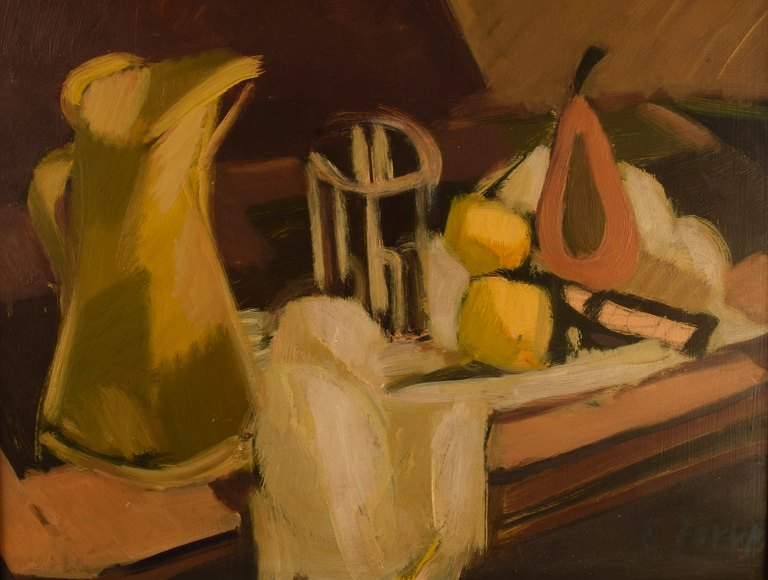 Edvin Jarup (1922-2016), listed Swedish artist. Oil on board. Modernist still 
life. 1960s.
