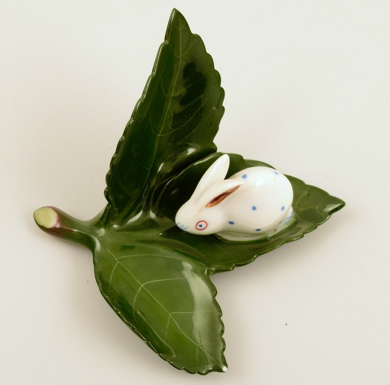 Herend, baby rabbit on leaf in porcelain. 1980s.