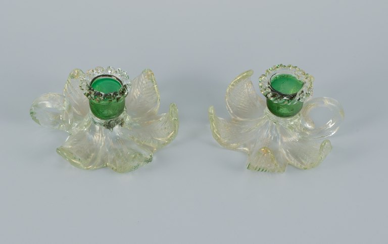 Murano, Italy.
A pair of low chamber stands in green and clear art glass.