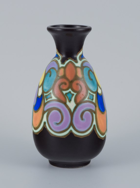 Gouda, Netherlands, art nouveau hand decorated ceramic vase.