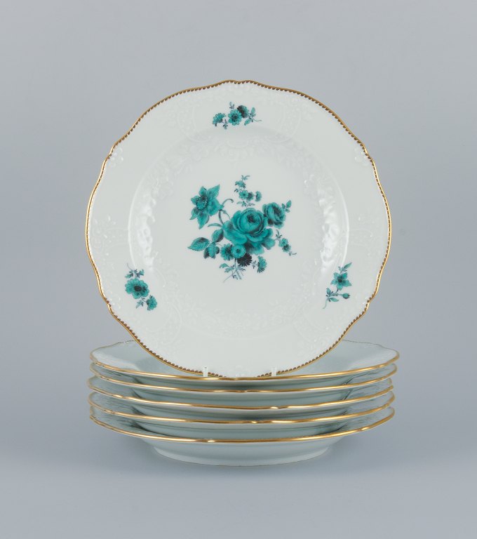 Meissen, Germany, a set of six "Neu Marseille" dinner plates hand painted with 
green flowers and gold trim.