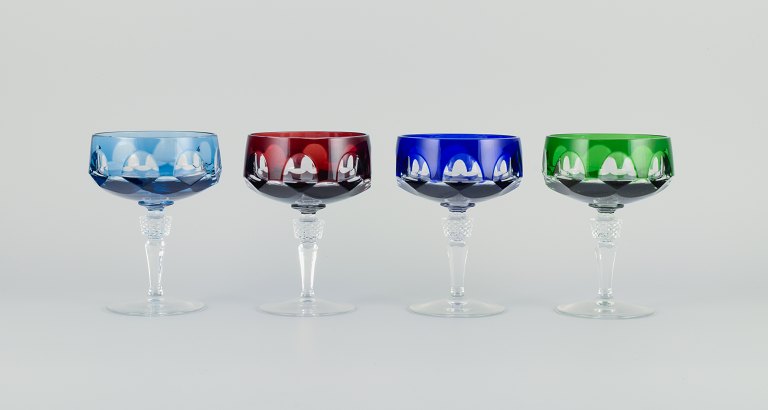 Four art deco champagne bowls, bohemian glass, high quality faceted crystal 
glass.