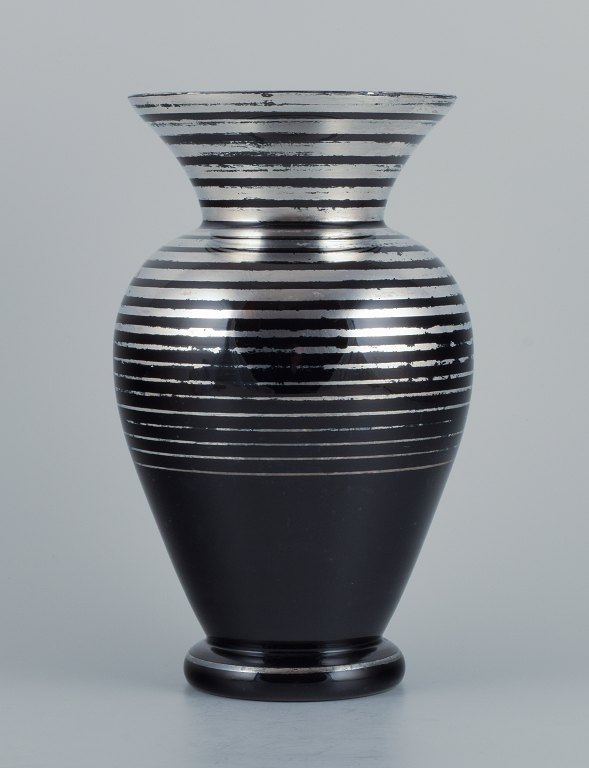 Art Deco glass vase, Germany. With horizontal silver inlays.