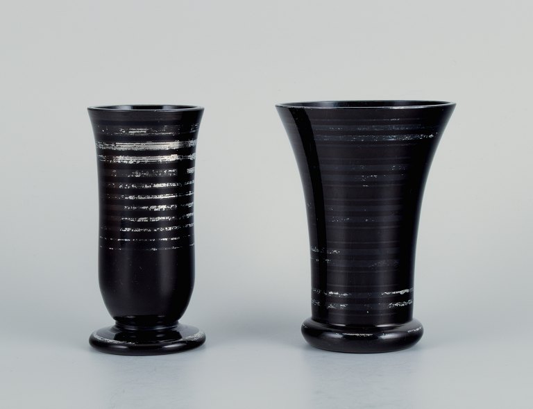 Two Art Deco glass vases, Germany. With horizontal silver inlays.