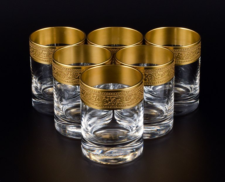 Rimpler Kristall, Zwiesel, Tyskland, seks mundblæst krystal snapseglas med 
guldkant.