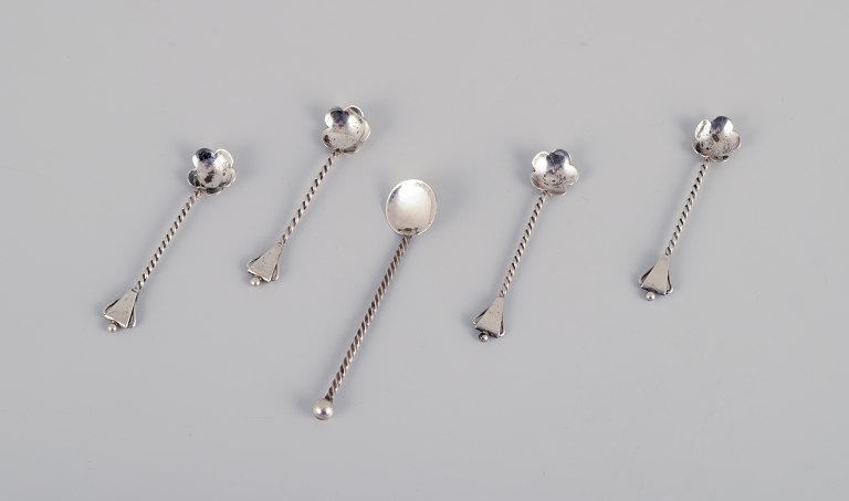 A set of five Danish salt spoons in silver.