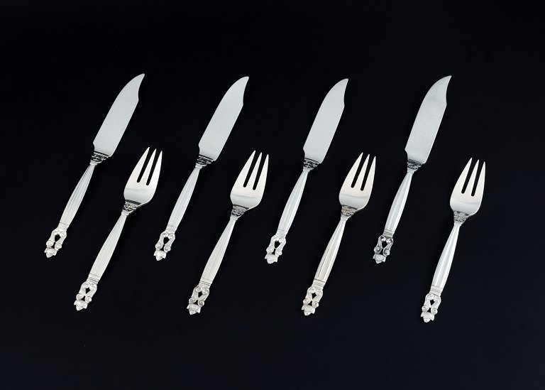 Georg Jensen Konge, fish cutlery for four persons in sterling silver.
