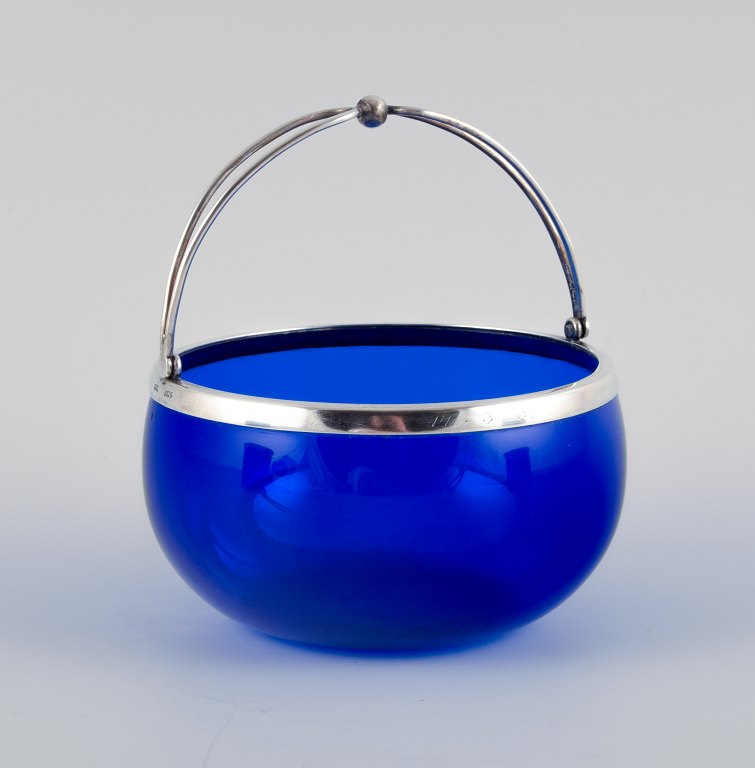 Svend Toxværd, Danish silversmith. Sugar bowl in blue art glass and Danish 830 
silver.