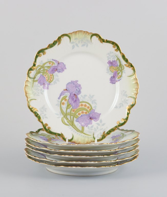 P. Dauphin, Paris, a set of six Art Nouveau faience plates decorated with flowers and gold rim.