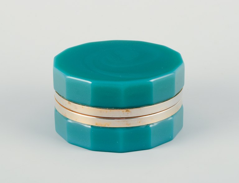 French Art Deco box with turquoise faceted opaline glass and brass mounting.