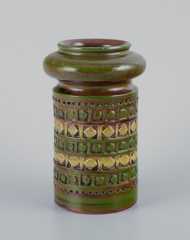 Bitossi, Italy, ceramic vase with geometric pattern and glaze in green, brown, 
and yellow tones.