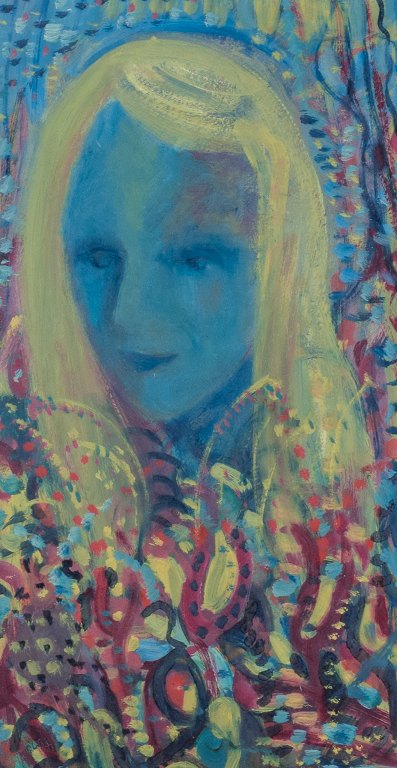 Lennart Pilotti (1912-1981), Swedish artist, oil on board, modernist portrait of 
a young woman. Colorful palette.