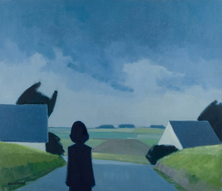 K. Westerberg, also known as Knud Horup, listed Danish artist, oil on canvas. Modernist style. Landscape with figure on road.