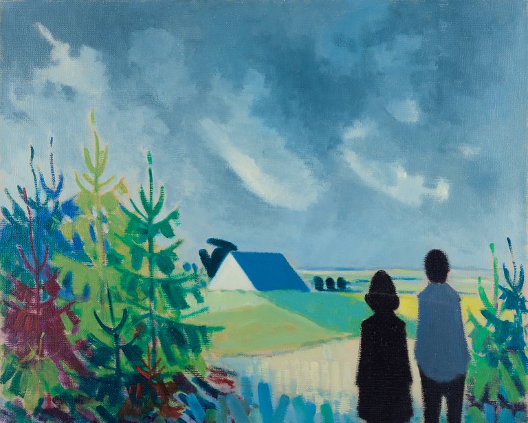 K. Westerberg, also known as Knud Horup, listed Danish artist, oil on canvas. 
Modernist style. Landscape with figures.