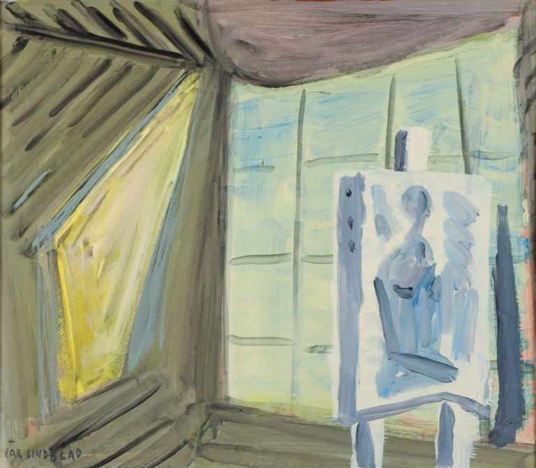 Pär Lindblad, Swedish artist. Oil on cardboard. "In the Studio."