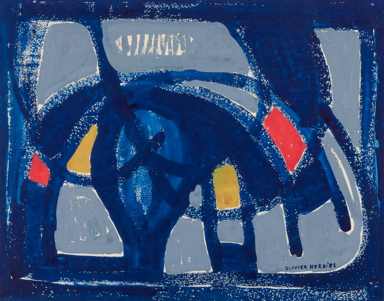Olivier Herdies (1906-1993), fransk kunstner, olie på papir sat på plade.
Abstrakt komposition.