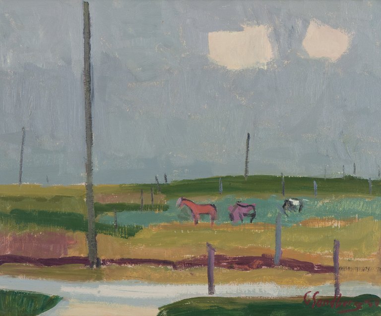 Gotthard Sandberg (1890-1961), svensk kunstner, olie på plade. Modernistisk 
landskab med heste på eng.