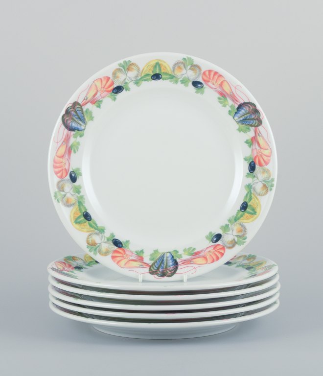 Pillivuyt, France, a set of six large dinner plates in porcelain with seafood 
motif.