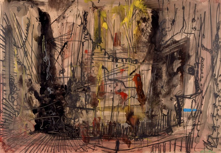 Hans Walter Sundberg (1922-2004), Swedish artist. Oil on panel. Mixed media. Abstract composition.