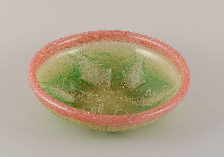Karl Wiedmann for WMF, Germany. Large "Ikora" art glass bowl in apple green and 
salmon-colored glass. Art Deco style.