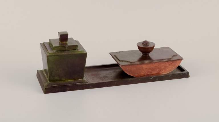 GAB, Sweden. Art Deco writing set in solid bronze. With inkwell, pen tray, and 
blotter.